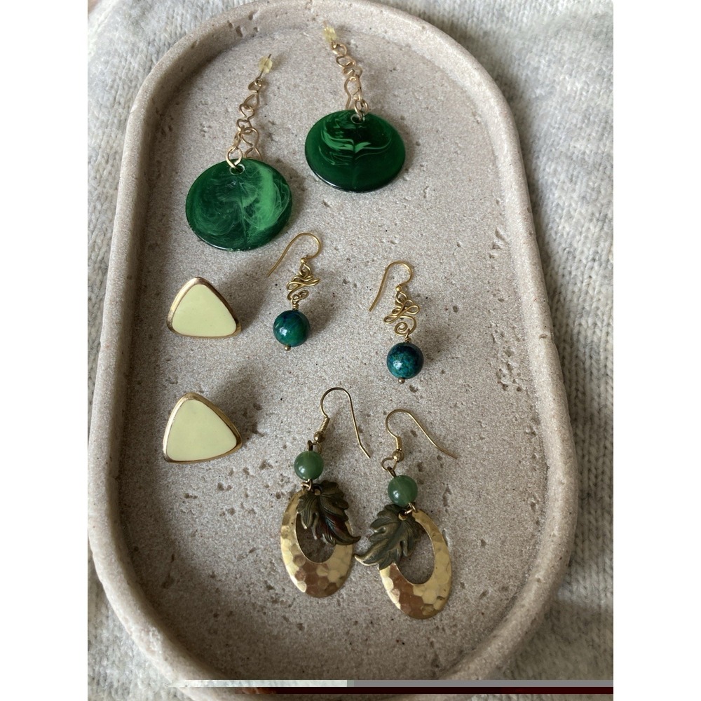 Earring Set Of 4 Pair‎ In Green & Gold Tones Artsy Colorful Statement Dangle